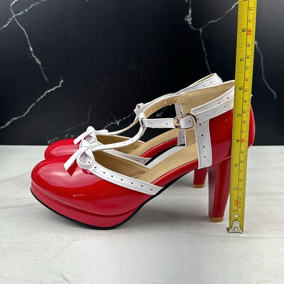 ForeMode Fashion T-Strap Bow Platform Round Toe High Heels Red/White sz 10.5 - Picture 10 of 14